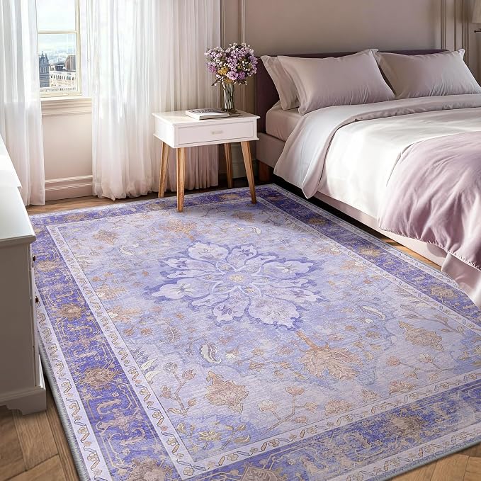 RELEANY Area Rugs 5'x7' Washable Non-Slip, Floral Vintage Distress Medallion Carpet for Living Room Bedroom Dining Room, Light Purple Brown