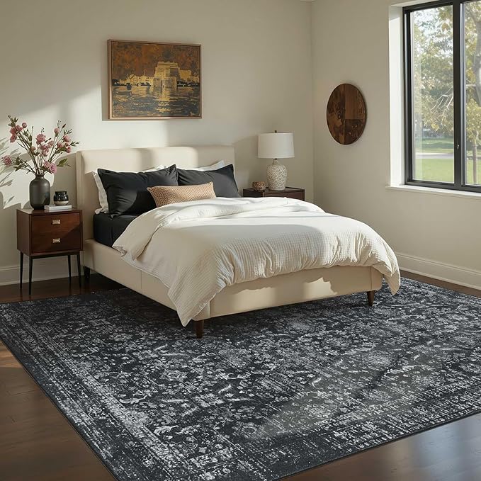 Rugxara 6x9 Area Rugs for Living Room Bedroom, Large Washable Rug, Black Vintage Floral Boho Style, Non Slip & Low Pile Carpet for Indoor Dining Room, Dorm and Kids Room(Black 6x9ft)