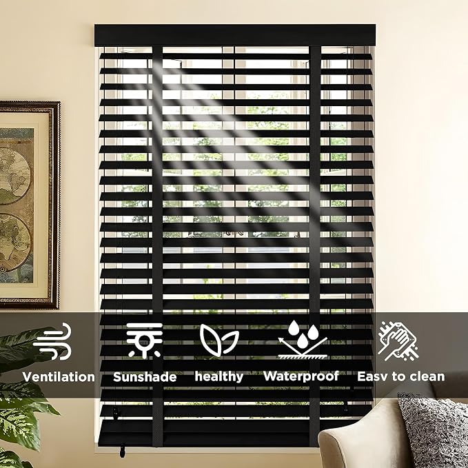 2" Slats Wood Blinds for Indoor Windows: Solid Wooden Blackout Blinds & Shades,Black Out Privacy Horizontal Blinds for Home Bedroom Bathroom Living Room Windows and Doors 45.5" WX72 H Black