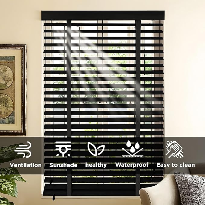 2" Slats Wood Blinds for Indoor Windows: Solid Wooden Blackout Blinds & Shades,Black Out Privacy Horizontal Blinds for Home Bedroom Bathroom Living Room Windows and Doors 59.5" WX72 H Black