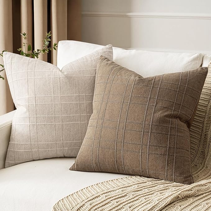 MIULEE Decorative Linen Check Euro Shams Throw Pillow Covers Neutral Farmhouse Vintage Pillow Covers 22x22 Set of 2 Boho Modern Winter Home Decor for Sofa Couch Bedroom Cushion Light Brown