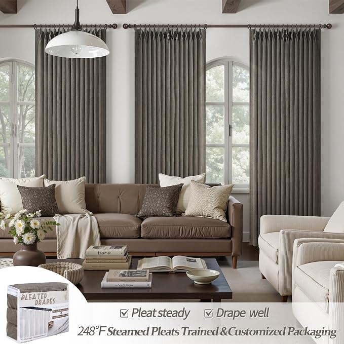 Chocolate Tart Pinch Pleat 90 Inch Bedroom Curtains 2 Panels Set, Memory Shape Natural Linen Semi Sheer Light Filtering Privacy Heavy Windows Drapes Country Dining Room Viral Curtain with Hooks Rings