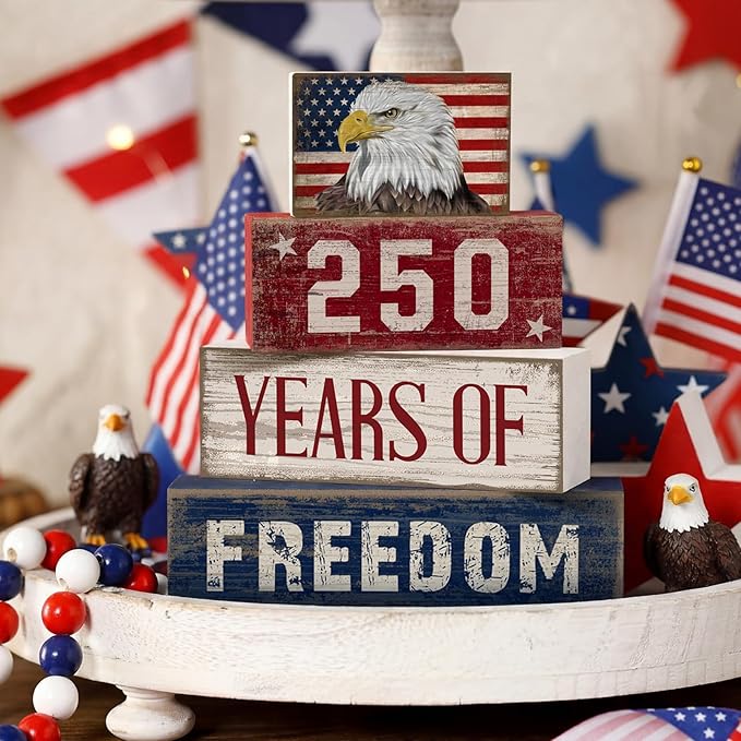 4 Pcs 250th Anniversary 4th of July Decorations USA Patriotic Memorial Day Tabletop Decorations Eagle Red White Blue Table Centerpieces American Flag Sign for Office Tiered Tray Home Shelf Party