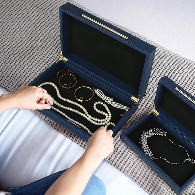 HofferRuffer Faux Leather Decorative Boxes Set of 2, Large Nesting Keepsake Box Accessory Organizer Jewelry Organizer with Hinged Lid, Stacking Storage Box Container for Home or Office (Navy Blue)