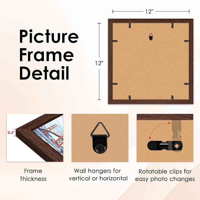 FIXSMITH 12x12 Picture Frame Brown Set of 2, Photo Frame with HD Plexiglass, Display Pictures 8x8 with Mat or 12x12 Without Mat, Brown Picture Frames Collage Wall Decor, Gallary Wall Frame
