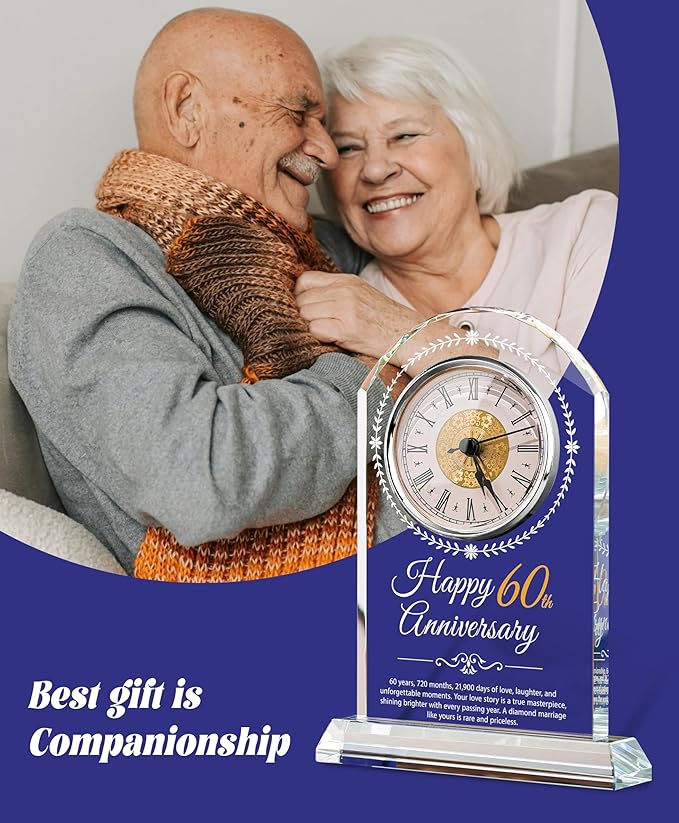 60th Wedding Anniversary Crystal Quartz Clock,60 Years of Marriage Gift,Happy Diamond Anniversary Decoration Gift,for Parents,Grandparents,Couple