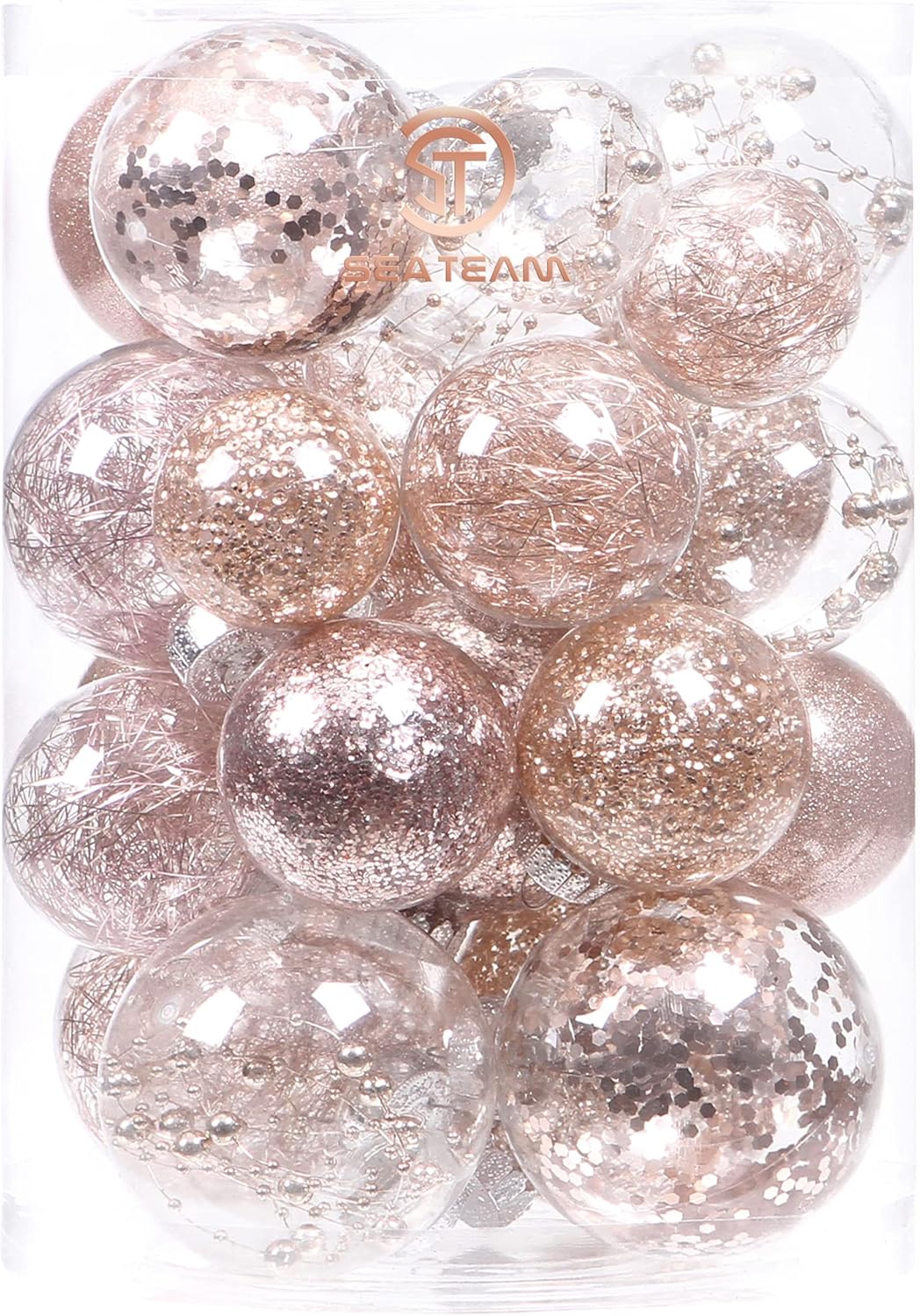 Sea Team Multi-Size Shatterproof Clear Plastic Christmas Tree Ball Ornaments Set, Decorative Hanging Transparent Xmas Baubles with Stuffed Delicate Decorations (25 Counts, Rose Gold)