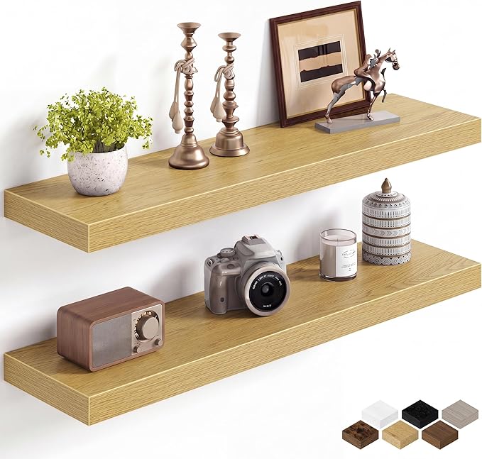 Fun Memories 32Inch Floating Shelves for Wall, 8 Inch Deep Shelves for Bathroom|Bedroom|Kitchen Wall Mounted, Wood Hanging Shelf with Invisible Brackets for Home Storage Decor, Oak - 2 Pack
