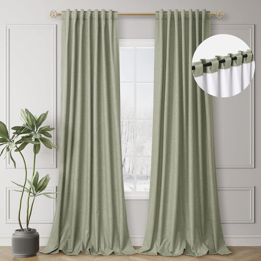 BOODII Sage Green 102 Inch Long Curtains Blackout for Bedroom Thermal Insulated Back Tab 100% Block Out Nursery Curtains 2 Panels Set Modern Aesthetic Linen Curtain Light Heat Blocking Room Darkening