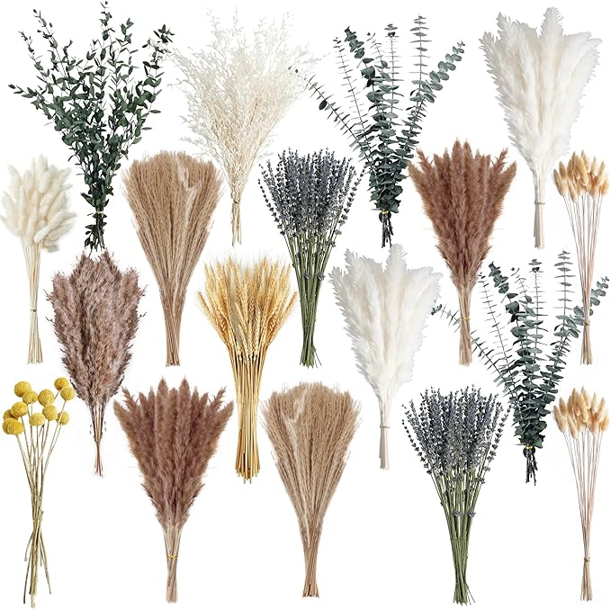 500PCS Dried Pampas Grass Bouquet – Boho Dried Flowers for Vase, White & Brown Pampas, Bunny Tails, Eucalyptus, Wheat & Lavender – Natural Floral Decor for Home, Wedding, Baby Shower &Photoshoot Props