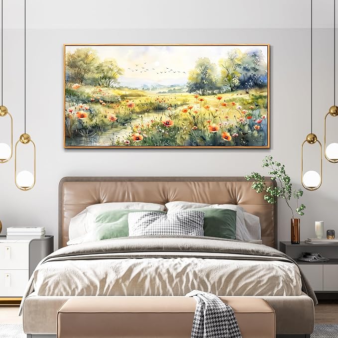 XIGUANGART Large Framed Wall Decor Canvas Wall Art for Living Room Wildflower Pastoral Scenery Paintings Meadow Abstract Pictures Rustic Floral Art Print for Bedroom, Office Modern Artwork Decorations