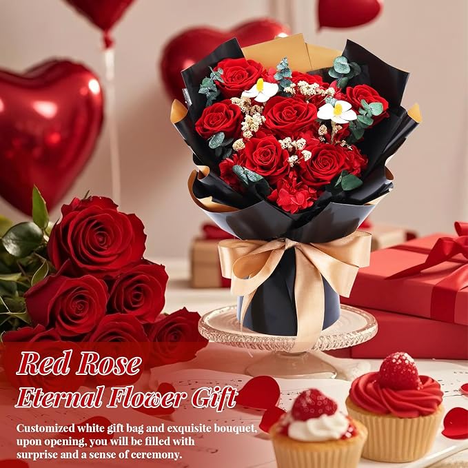 7 Preserved Red Rose Bouquet Eternal Flower Gift Set, Gift for her | Preserved Red Rose bouquet , Eternal flower Gift Set for her with romantic Girlfriend, Engagement, Mother’s, Birthday,