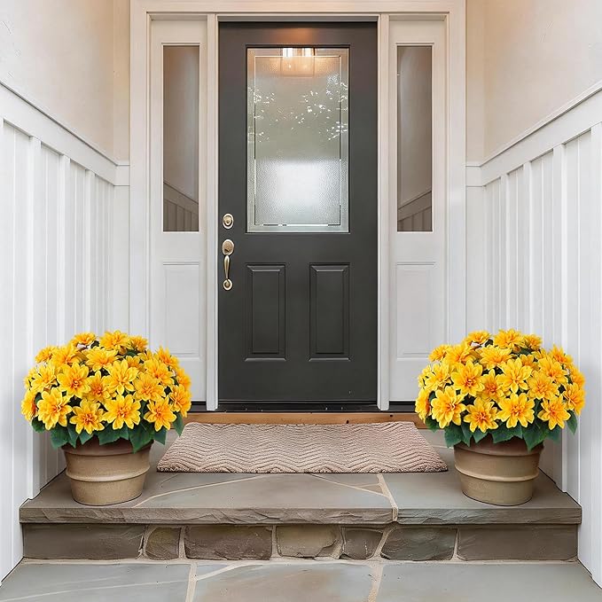 VIERENA 8 Bundles Artificial Dahlia Flowers for Outdoors Spring Summer Decor, No Fade Silk Flower Faux Dahlias Plant Arrangement for Home Garden Balcony Farmhouse（Yellow）