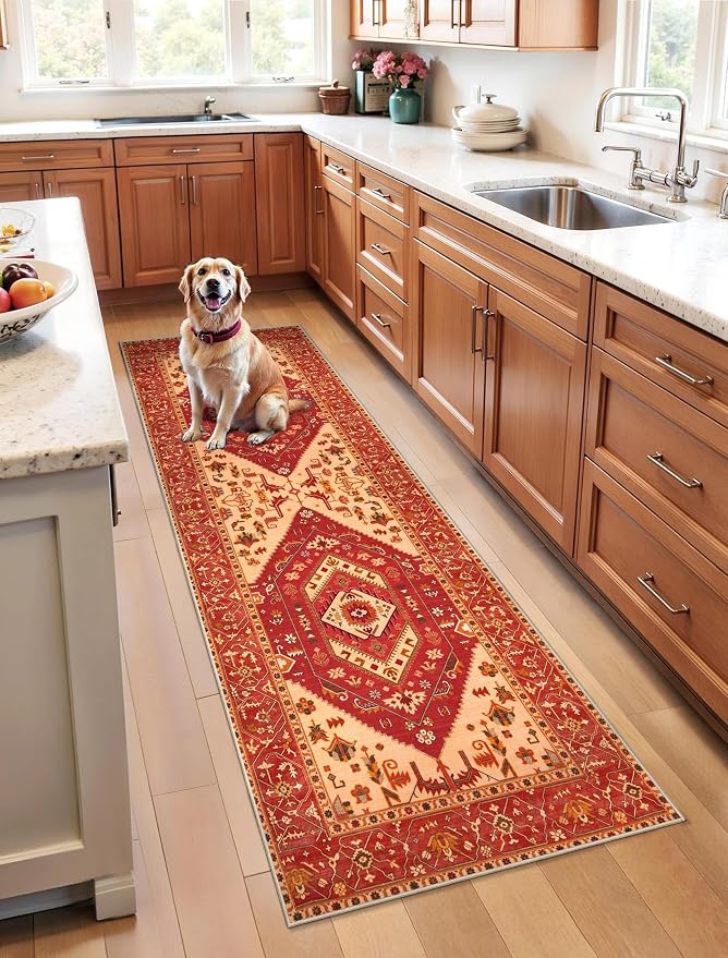 SERISSA Boho Washable Runner Rug, 2x6 Rug Runner Non-Slip Vintage Red Hallway Kitchen Runner Rug Ultra Soft Print Distressed Floor Carpet Runner for Bedroom Bathroom Laundry Living Room