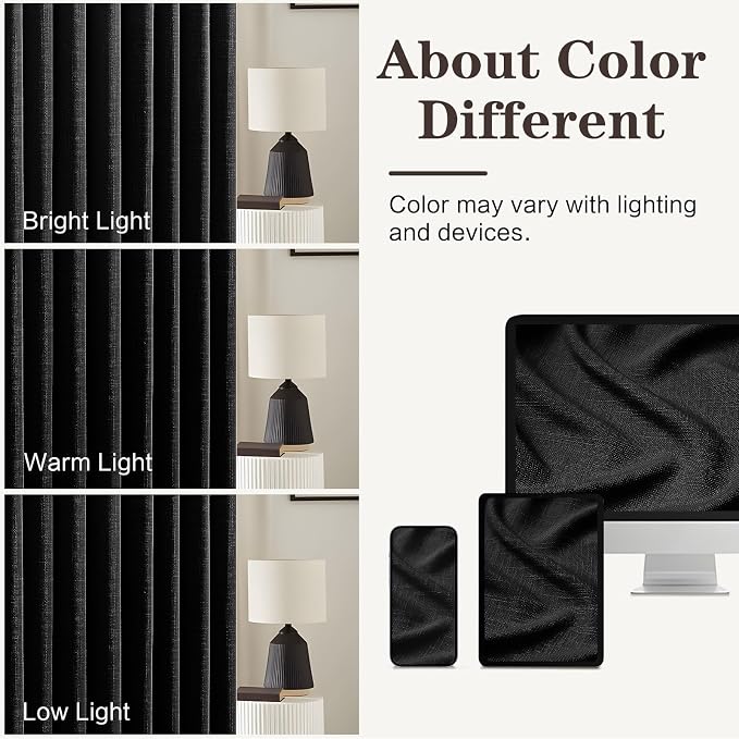 Black 90 Inch Curtains Pinch Pleated Linen Curtain for Living Room, Floor to Ceiling Light Filtering Pleat Drapes Textured Thick Semi-Sheer Curtains with Hooks for Bedroom Sturdy Room, 2 Panels