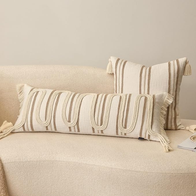 Beige Boho Lumbar Pillow Cover 14x36 with Handmade Drawn Work | Modern Farmhouse Long Lumbar Decorative Pillows Cushion Case for Bed Couch Accent Decor