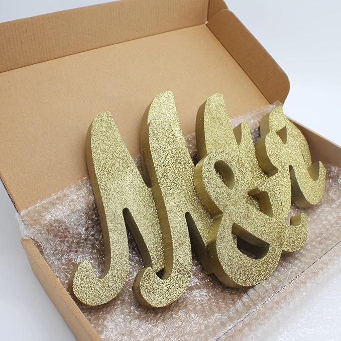 JOYLEX Mr Mrs Sign for Wedding Table, Mr and Mrs Wooden Letters, Large Mr. & Mrs. Party Decoration Items, Head Table Wedding Sign for Anniversary Party Valentine's Day Vintage Decor-Golden