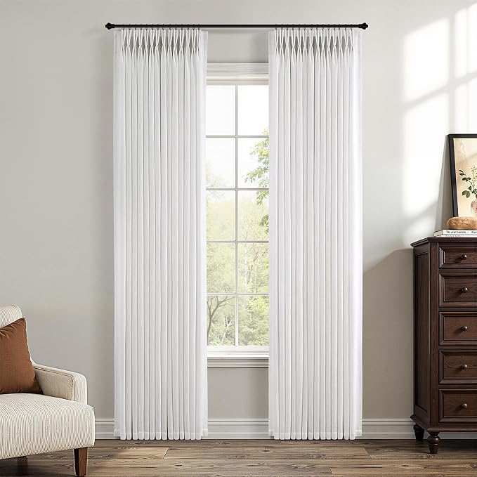 96 Inch Long Pinch Pleated Linen Curtains 2 Panels for Living Room Bedroom Beige White Thick Linen Drapes 96 Inches Semi Sheer Pinch Pleat Sliding Door Curtains Ivory Neutral Window Treatments