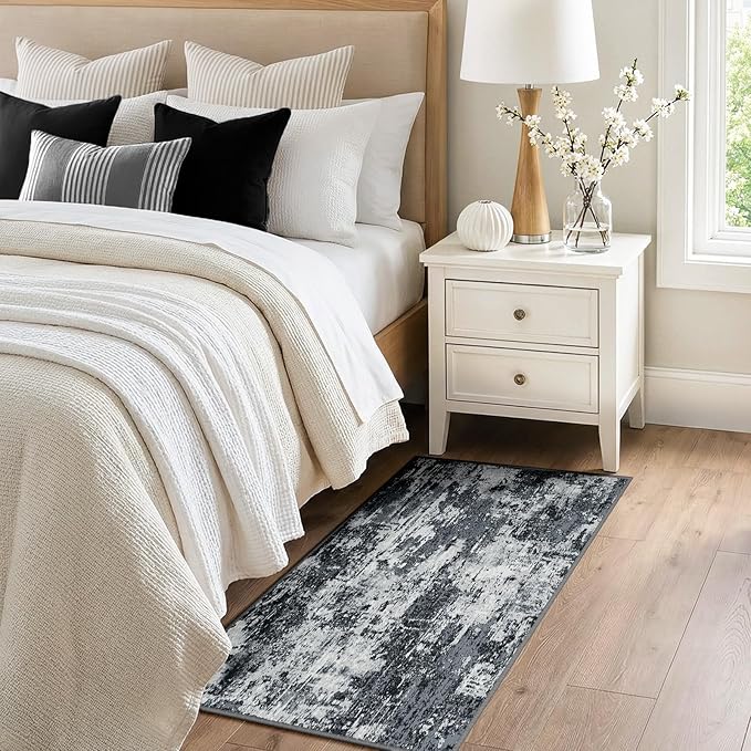RELEANY Washable Area Rugs 2'x5' Non-Slip Modern Abstract Soft for Living Room Entryway Bedroom Nursery, Print Pattern, Black Navy Blue Gray