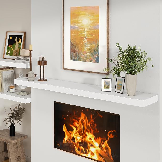 FLYJOE Deep Floating Shelves, 72 Inch White Shelves Set of 1 | 12 Inch Deep Shelves for Wall, 72'' x 12'' Rustic White Wood Shelves for Bathroom Living Room Laundry Room Kitchen