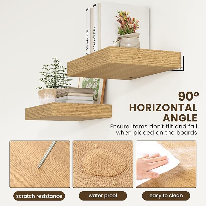 FLYJOE 12 Inch Deep Floating Shelves, 16'' Oak Floating Shelves Set of 2 | 12'' Deep Shelves for Wall, 16'' x 12'' Rustic Oak Shelves for Living Room Bathroom Kitchen Bedroom