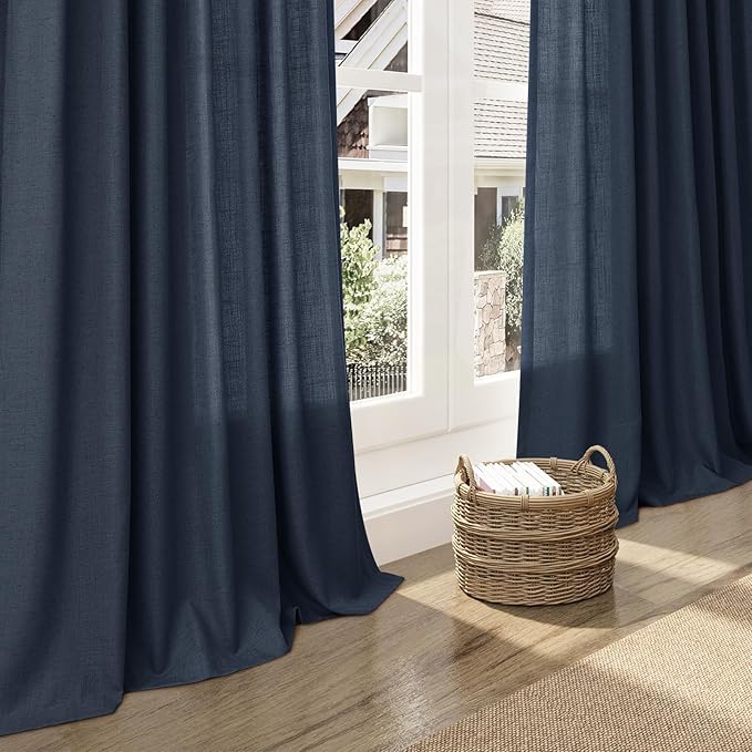 Nanspring Vintage Blue Linen Curtains 84 Inch Length 2 Panels Set for Living Room Rod Pocket Back Tab Light Filtering Window Drapes for Bedroom Dining Room Protect Privacy Vintage Country Decor