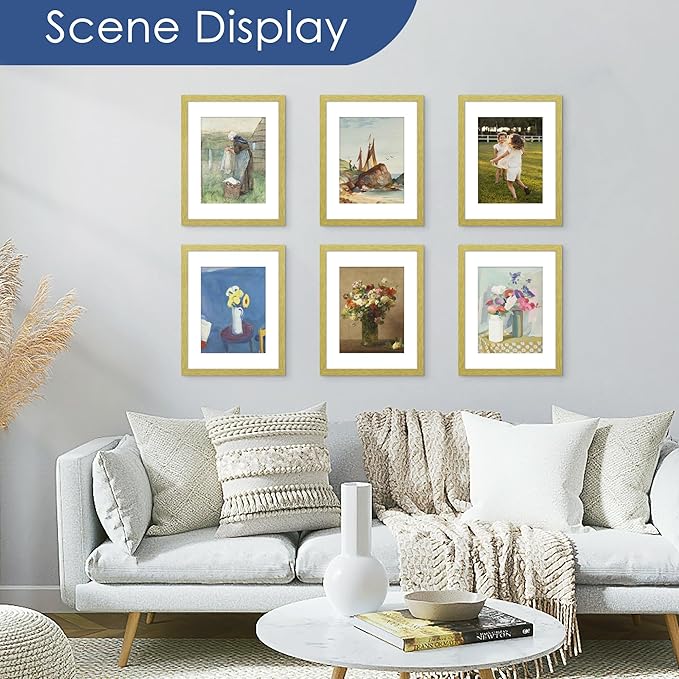 PEALSN 8.5 x 11 Picture Frame Set of 6, Display Pictures 6x8 with Mat or 8.5 x 11 without Mat for Wall Mounting Display, Photo Frames Collage for Wall Decor, Gold
