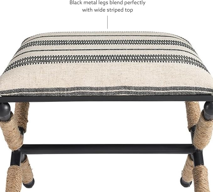 Linon Farrow Black Metal and Natural and Black Stripe Upholstered Campaign Ottoman