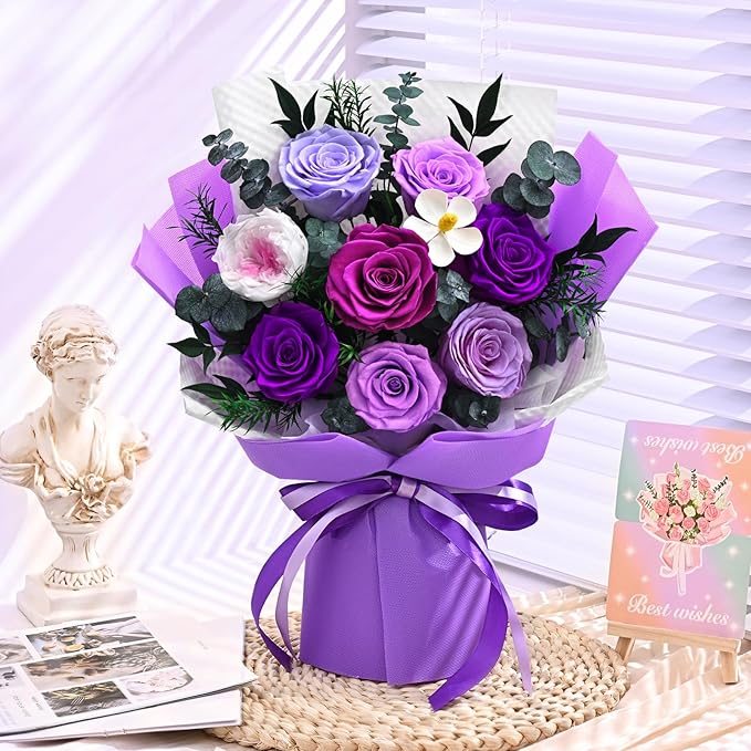 Forever Rose Flowers for Delivery, 8-Piece Preserved Roses Bouquet Birthday Gifts for Women, Long Lasting Purple Roses with Gift Box for Mom, Forever Flowers with Vase for Her Wife Girlfriend