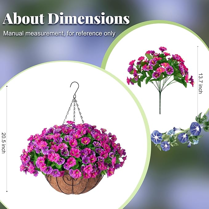 Ammyoo Artificial Hanging Flowers with Basket, Faux Silk Petunias Flower Arrangement, Coconut Lining with Morning Glories Fake Plants Patio Garden Porch Deck Spring Summer Decor(Lotus and Fuchsia)
