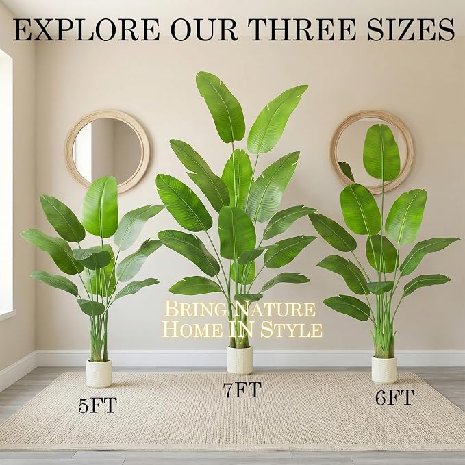 Artificial Bird of Paradise Plant：5FT Fake Traveler’s Palm Faux Banana Tree Elephant Ear Leaf Tall Silk Floor Plant in White Pot for Home Decor Indoor Office Entryway Balcony Patio café Hotel