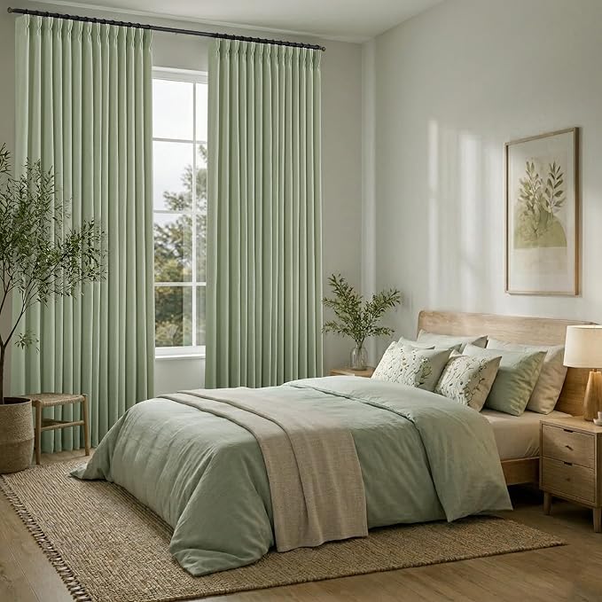 Pinch Pleated Linen Curtains 120 Inch, 2 Panels Premium 400GSM Memory Trained Semi Sheer Light Filtering Window Drapes for Living Room Bedroom Dining, Back Tab & Adjustable Hooks Rings , Sage Green