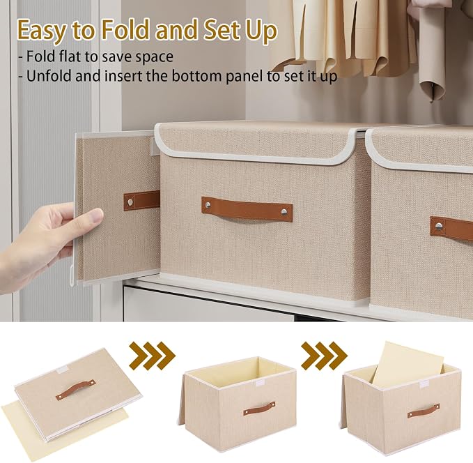 Yawinhe Collapsible Storage Boxes, Stackable Linen Fabric Baskets, Bin with lid and Leather Handle, Washable, for Home, Closet, Beige, 10.2x7.9x6.7 In, 3-Pack, SNK024BEN-3