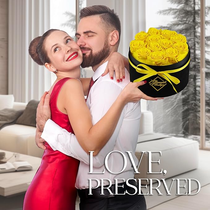 GLAMOUR BOUTIQUE Flowers Forever Gift Box, 12 Real Preserved Roses in Velvet Box, Floral Gift for Her, Mom or Wife for Birthday, Mother’s Day, Anniversary or Graduation, Yellow (Color-Treated)
