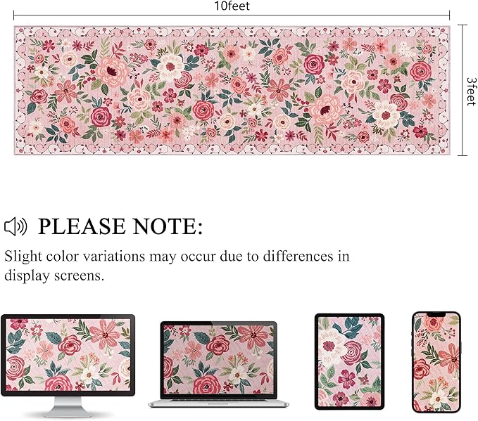 DUKINO 3x10 Runner Rug for Hallway, Washable Kitchen Floral Runner Rug with Non Slip Backing, Low Pile Soft Boho Carpet for Kitchen, Hallway, Entryway, Laundry, Bedroom, Pink
