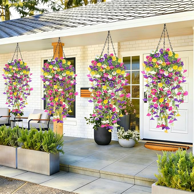 4PCS Artificial Hanging Flowers for Outdoors Summer Decoration, Fake Hanging Plants Faux Petunias with Eucalyptus, UV Resistant No Fade Plastic Realistic Silk Flowers for Porch Patio Balcony Indoor