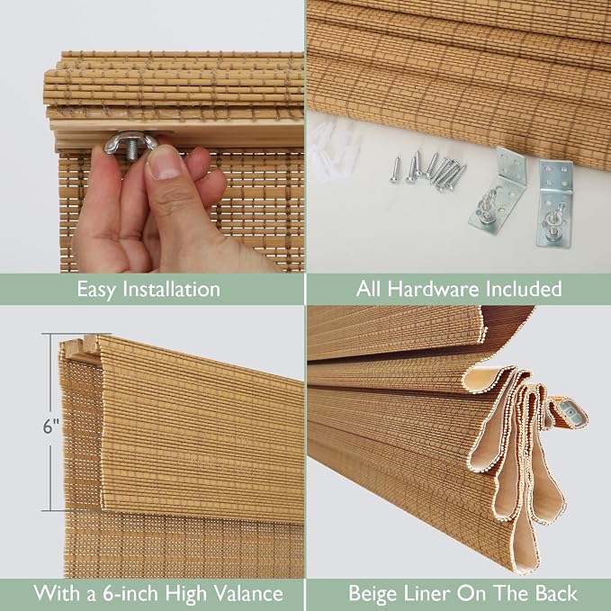 Cordless Bamboo Roman Shades with Beige Blackout Liner, Woven Wood Roman Blinds, Blackout Natural Blinds for Windows, Doors, Thrush, 21" W x 64" H