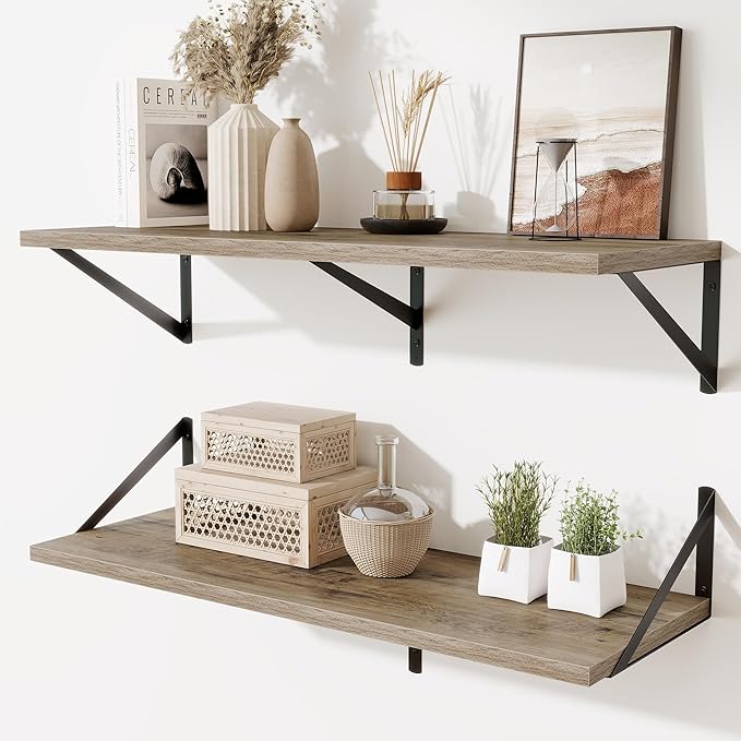 Acovy Floating Shelf for Wall,32" WX10 D Wood Floating Shelves with Sturdy Metal Bracket Set of 2,Wall Mounted Hanging Shelf for Bathroom,Bedroom,Kitchen,Grey