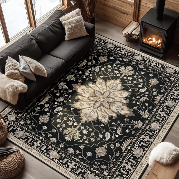 RELEANY Area Rugs 7'x9' Washable Non-Slip, Floral Vintage Distress Print Pattern Medallion Carpet for Living Room Bedroom Dining Room, Black Brown Neutral Dark Tan