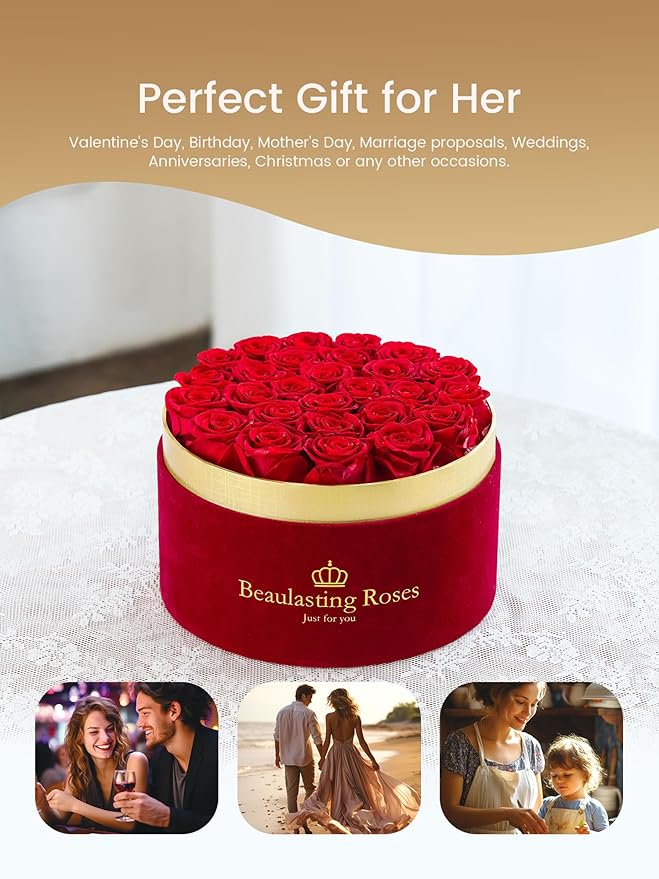 Beaulasting 27-Piece Forever Flowers Roses in a Box Preserved Roses for Her Mother's Day Birthday Flowers for Her Mom Women Wife Valentine's Day (Red)