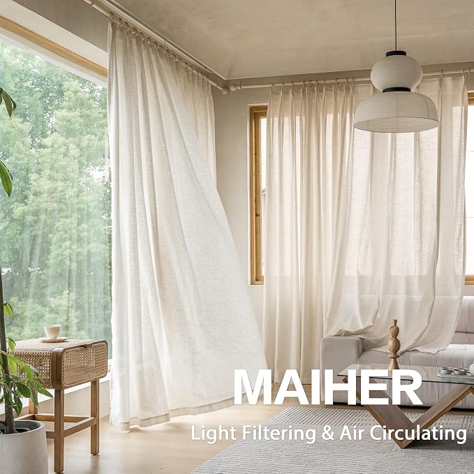 MAIHER Faux Linen Semi Sheer Pinch Pleated Drapes for Living Room, Light Filtering Pleated Curtain Panels 96 Inches Long with Hooks for Traverse Rod (Linen, 1 Panel, 72" W x 96" L)