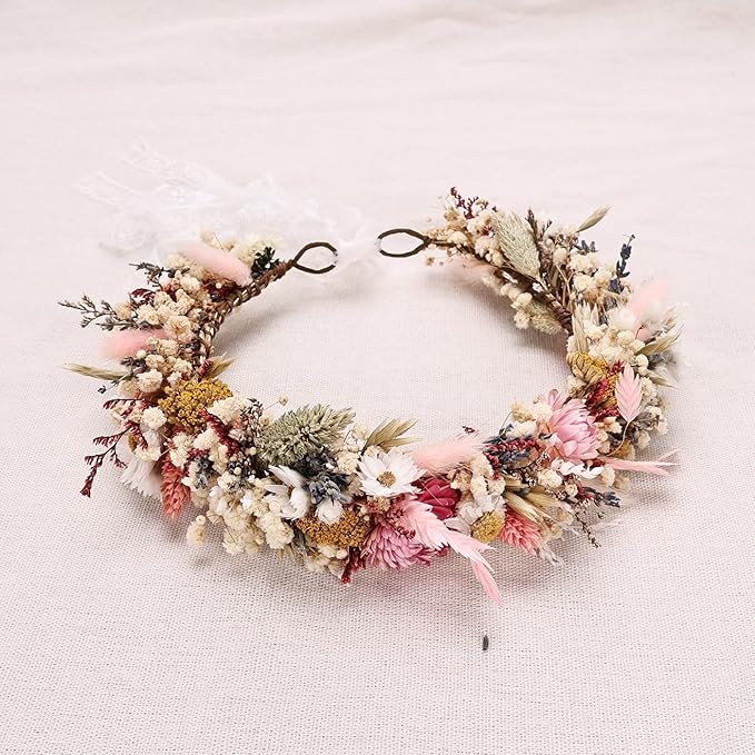 Handcrafted Dried Flower Crown, Natural Preserved Daisy Wreath Headband in Cream and Pink, Rustic Wedding Hair Garland for Kids and Flower Girls