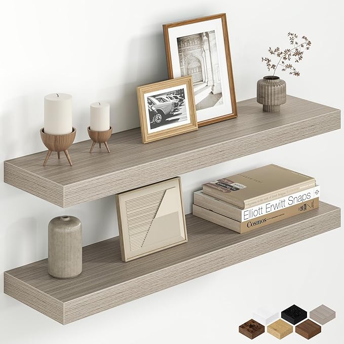 Fun Memories 30 Inch Floating Shelves for Wall, 8 Inch Deep Rustic Wood Wall Mounted Shelves with Invisible Brackets for Bathroom, Bedroom, Kitchen & Living Room Storage Decor, Grey, 2 Pack