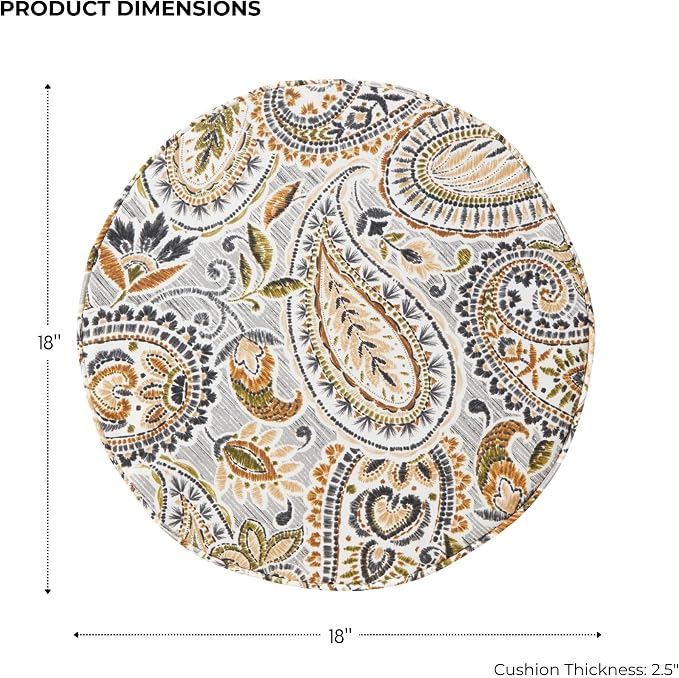 Set of 2 Outdoor 18 inch Round Patio Dining Chair Pads – Comfortable Fiber-Filled Seat Cushions with Ties, Reversible Polyester Fabric, Arctic Paisley