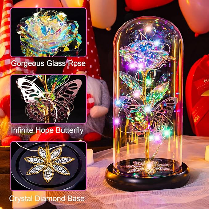 Mothers Day Flowers Gifts for Mom Women Birthday Gift, Galaxy Glass Rose Forever Eternal Crystal Rose in Glass Dome with Butterfly Mother's Day Roses Gifts for Mom Daughter Wife Women Grandma Colorful