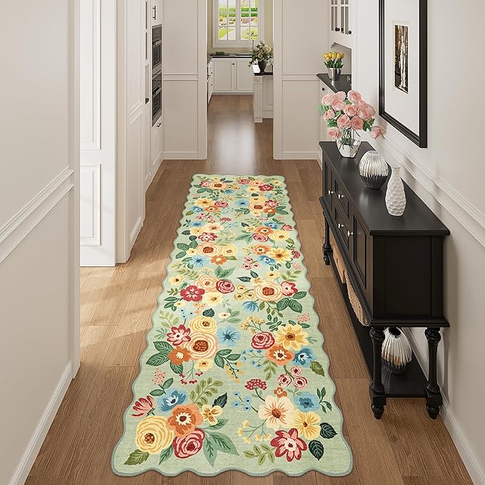 DUKINO 2x10 Runner Rug for Hallway, Washable Kitchen Rug with Non Slip Backing & Non-Shediing, Soft Low Pile Floral Design Runner for Bedroom, Kithchen, Living Room, Laundry, Bathroom, Green