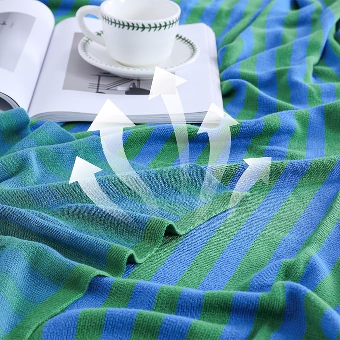 BOV Knit Thin Blankets for Summer - 100% Viscose Super Soft Breathable Decorative Throw Blanket for Chair Couch Sofa Bed, Perfect Self Care Gifts for Women & Men, Kelly Green & Cobalt Stripe 50"x60"