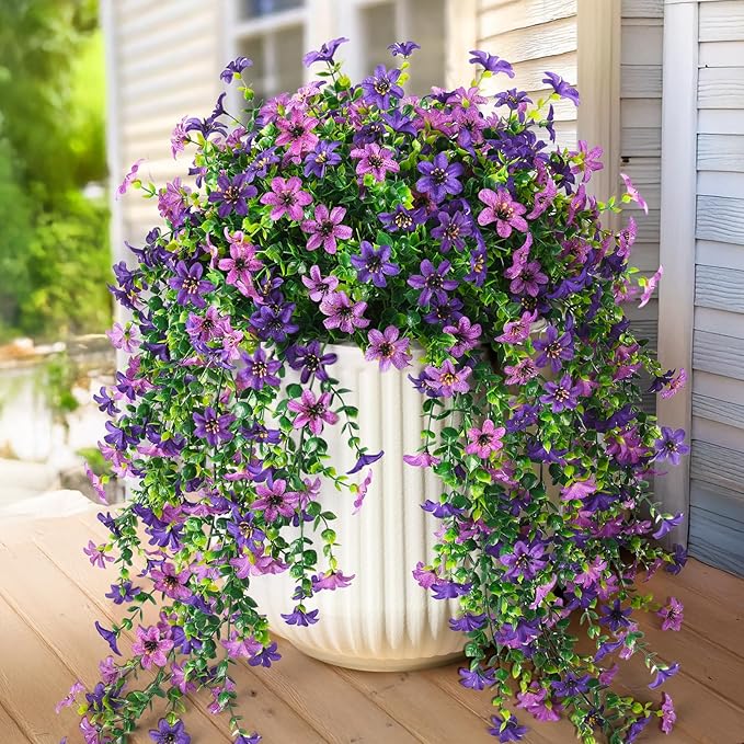 Artificial Fake Hanging Flowers Plants for Outdoor Spring Summer Decoration,2 PCS Faux Silk Daisy with Eucalyptus Leaves,UV Resistant Look Real for Outside Home Planter Porch Patio Balcony Yard Decor