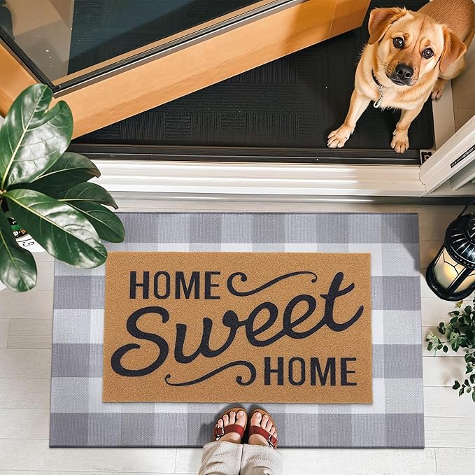 OLANLY Buffalo Plaid Rug 2'4" x 3'7" (27.5" x 43") – Grey and White Cotton Checkered Doormat, Washable Indoor Outdoor Rug for Layered Front Porch, Kitchen, Entryway Decor