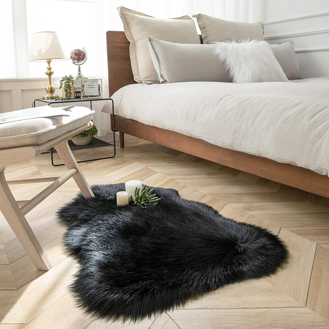 Ashler Faux Fur Rug, Black Area Rugs, Fluffy Sheepskin Fur Rug, Fuzzy Ultra Soft 2 x 3 Ft Rugs, Machine Washable Shag Rug, Nursery Throw Rugs for Bed, Living, Kids Room